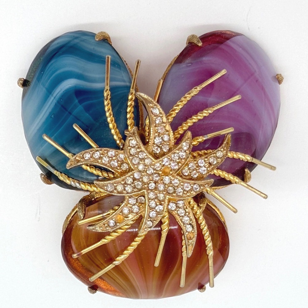 Vintage Lucite Stone Brooch Gold Tone Rhinestone Starburst Cabochon Pin